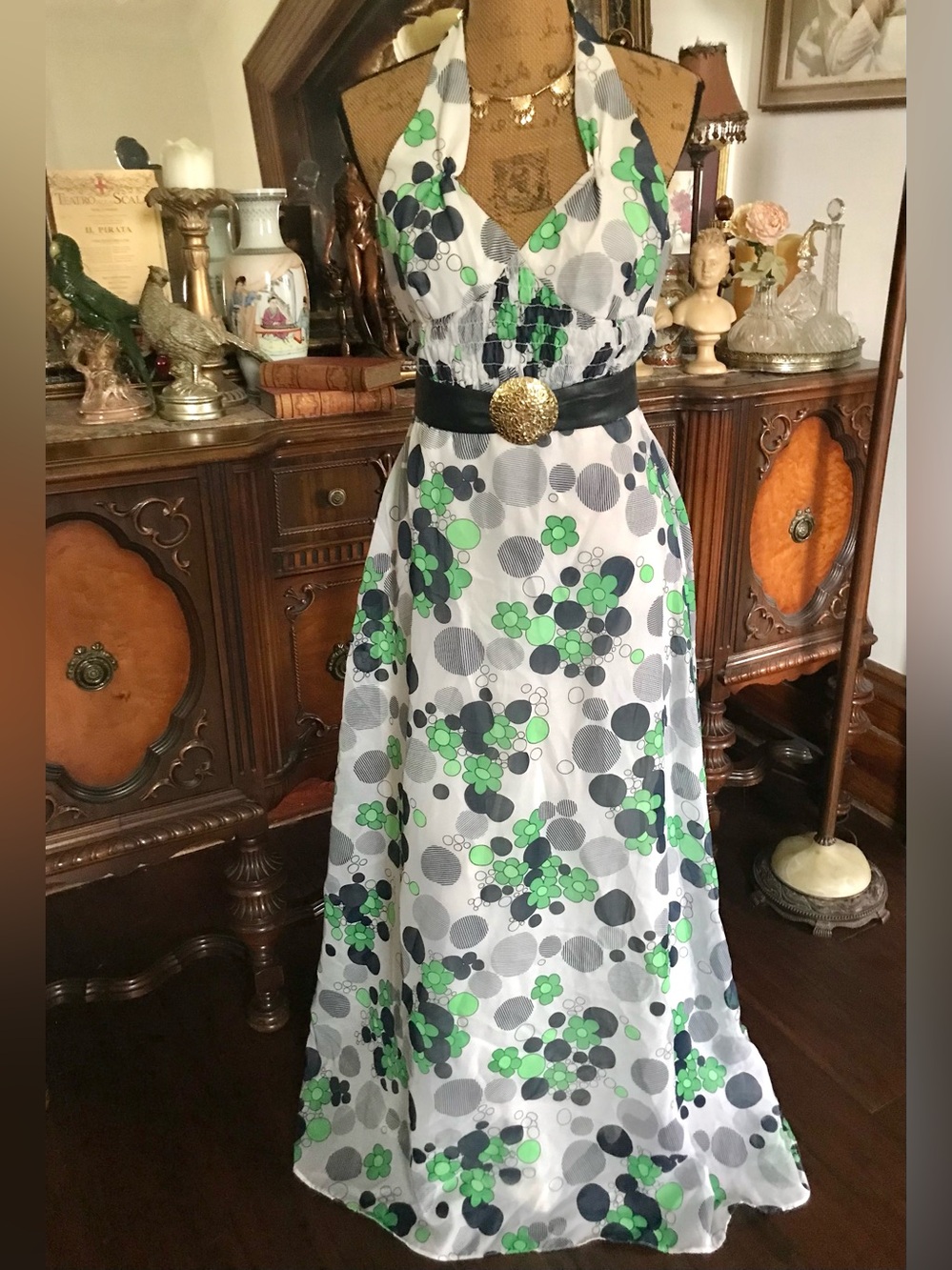 Vintage 70’s Hand-Sewn Abstract Polkadot Halter Dress and Belt